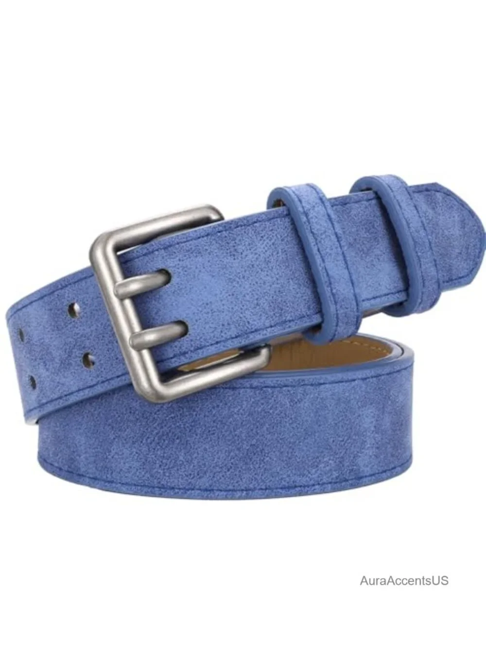 Women Double Prong Suede Belt for Jeans Dresses Retro Waist Belts with Silver
